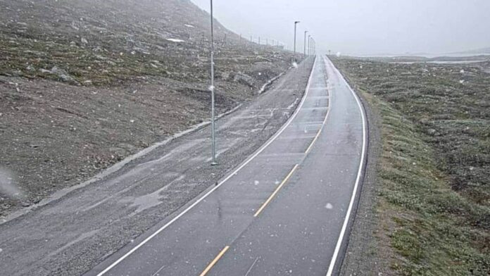 Snø på Hemsedalsfjellet. Skjermdump fra statens vegvesens webkamera, 05.06.2024