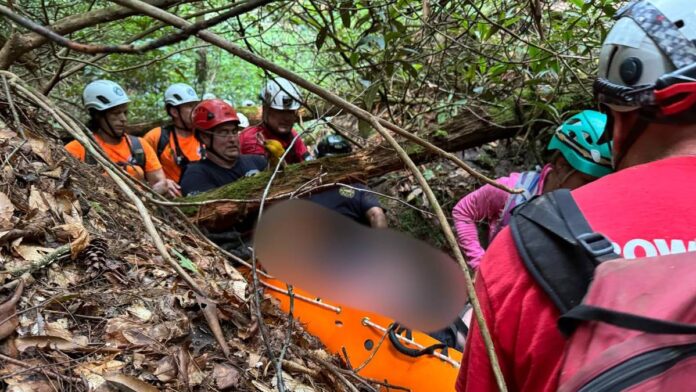 Dette bildet av den savnede på båre, som bukseres under et tre, er blant bildene Wolfe County Search and Rescue Team har delt på sosiale medier. Man ser flere menn med hjelmer og gensere i sterke farger holde en oransje båre der det pasienten er sladdet. Det er masse busker og trær på bildet. 