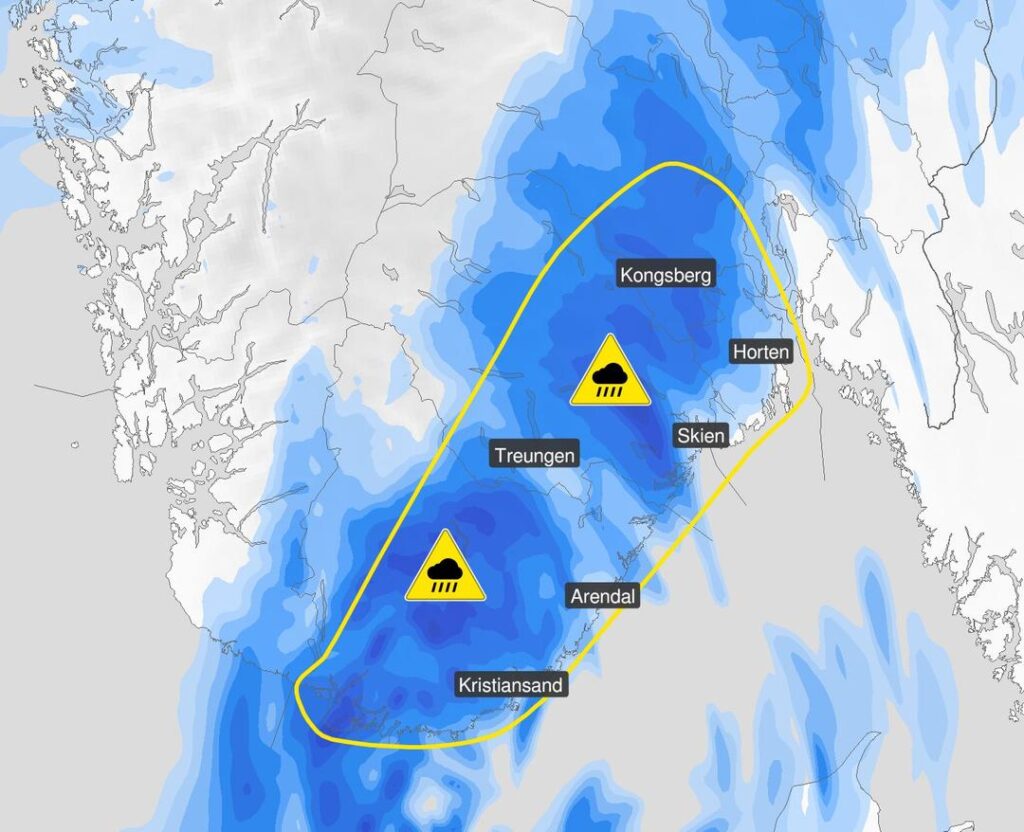 Farevarsel om styrtregn i deler av Sør-Norge